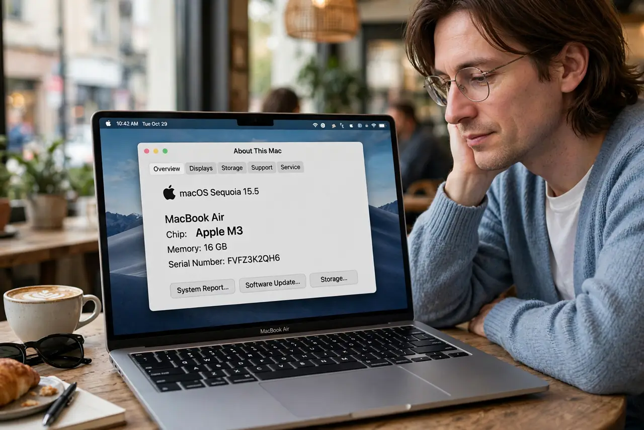 Photoreal photo of a person performing the first step: Check whether your Mac is Intel or Apple silicon. Click the Apple menu, then About This Mac. Fi