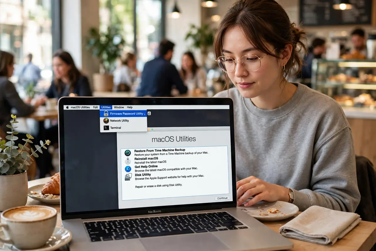 Photoreal photo: a person typing on a real MacBook at a cafe table, the screen showing the macOS Utilities window with a legible Firmware Password Utility option, the person's face focused, busy cafe background. No black screen, no bl