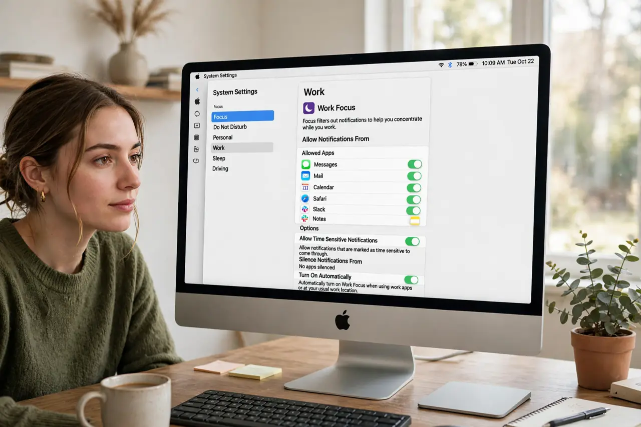 A person using a real Mac, the screen showing Focus settings with the allowed apps list fully legible, the person's face calm and focused, home office.