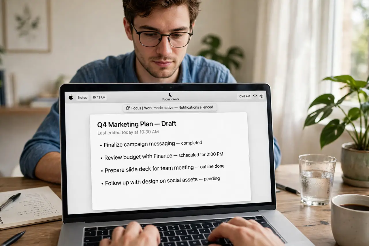 a person working on a real MacBook with a Focus mode banner showing Work mode active, notifications silenced, the person's face calm and concentrated, bright home office. No black .