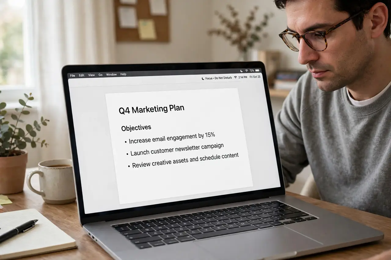 A person working deeply on a real MacBook with notifications silenced, the Focus mode icon visible in the menu bar legible, the person's face calm and…