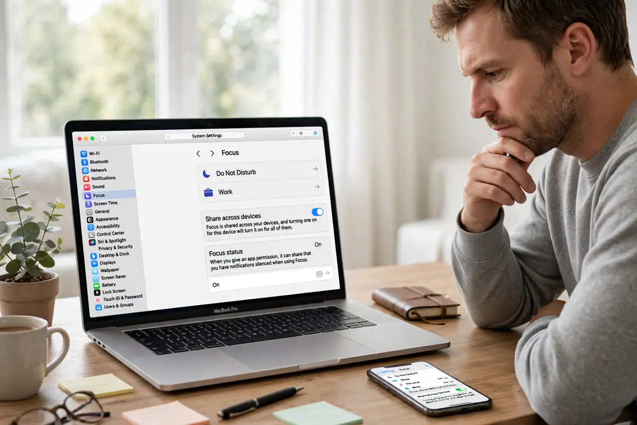 A man at a desk with a MacBook and an iPhone side by side, both showing Focus settings screens with legible text, his face thoughtful, deciding.