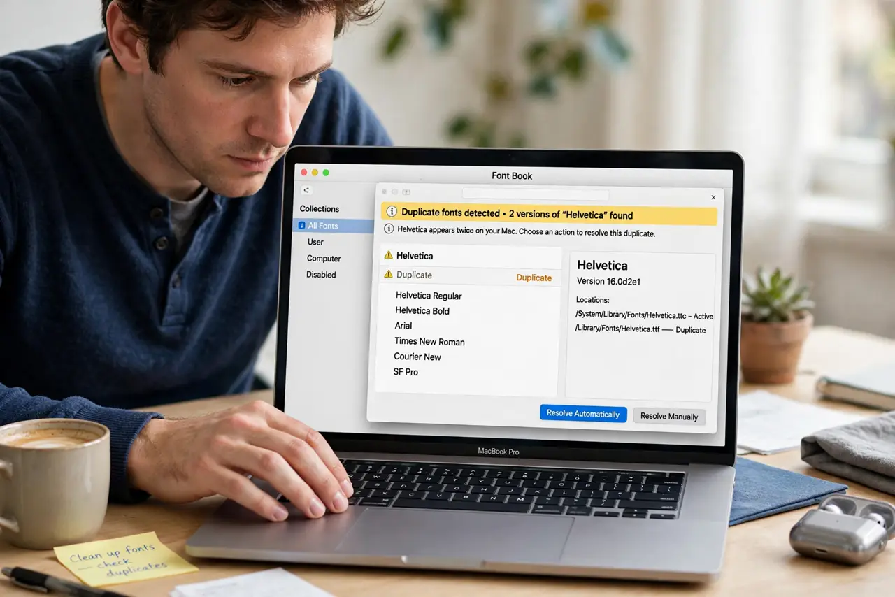 a person using a real Mac, Font Book open showing a font list with a duplicate warning, the person's hand on the trackpad, face focused, bright desk. No black screen, no blank whit.