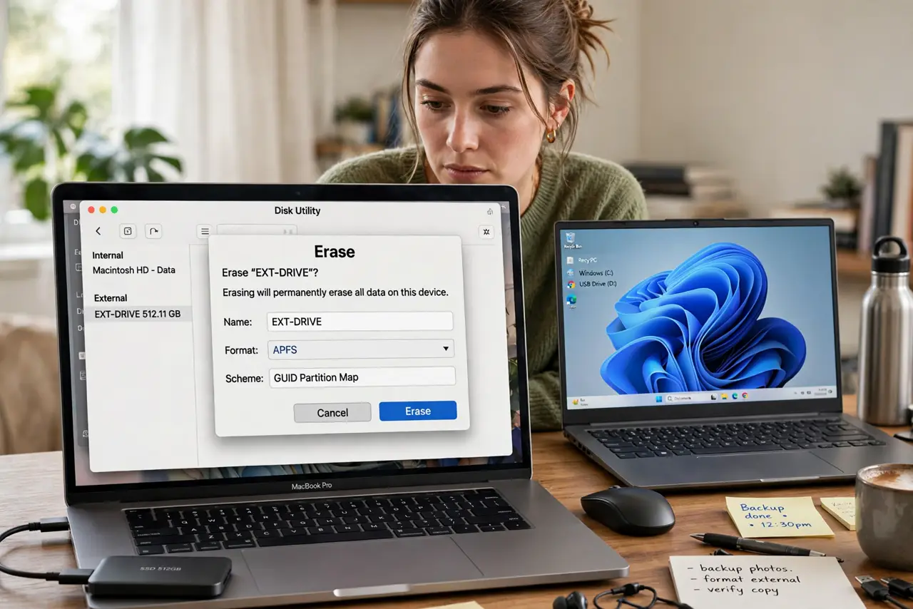 A person formatting a real external drive on a MacBook showing Disk Utility with the Erase dialog legible, a Windows laptop beside it, the person's face…