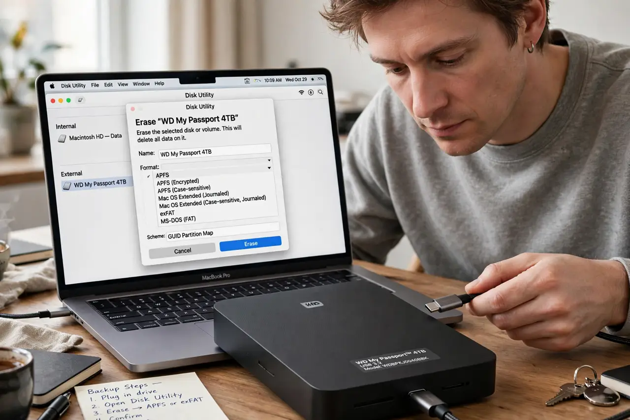a person connecting a real external hard drive to a real Mac showing Disk Utility with legible format options, the person's face focused, desk.