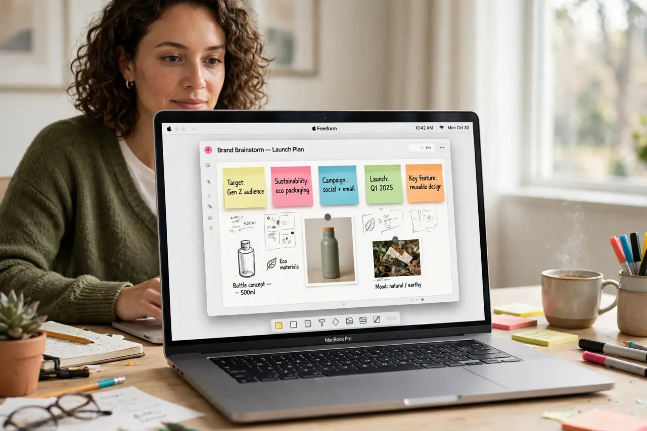 a person using a real Mac, Freeform open showing a brainstorming board with sticky notes, sketches, and images arranged, the person's face creative and engaged, bright desk. No bla.