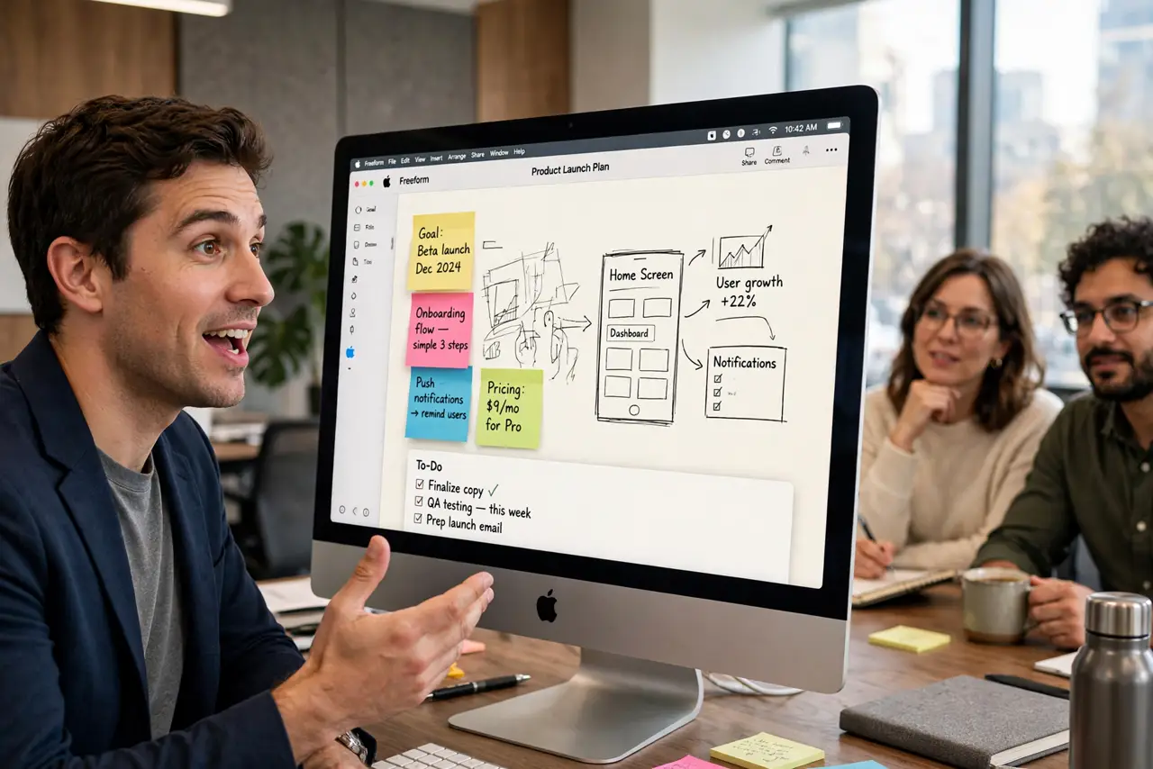 a person presenting a real Freeform board on a Mac with colorful sticky notes and sketches legible, colleagues watching, the person's face animated, meeting room.