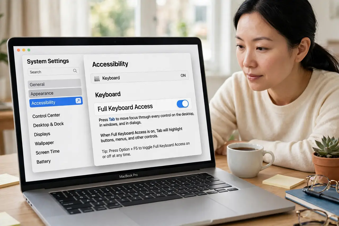 A person performing step 1: Enable Full Keyboard Access. Go to System Settings > Accessibility > Keyboard and turn on Full Keyboard Access.