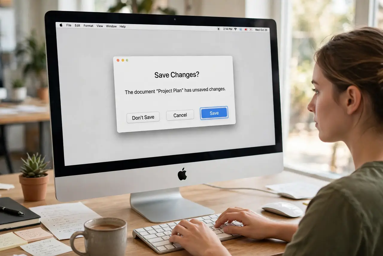 A person typing on a real Mac keyboard with hands on home row, a real Mac screen showing a dialog with a focused button outline, mouse pushed aside,.