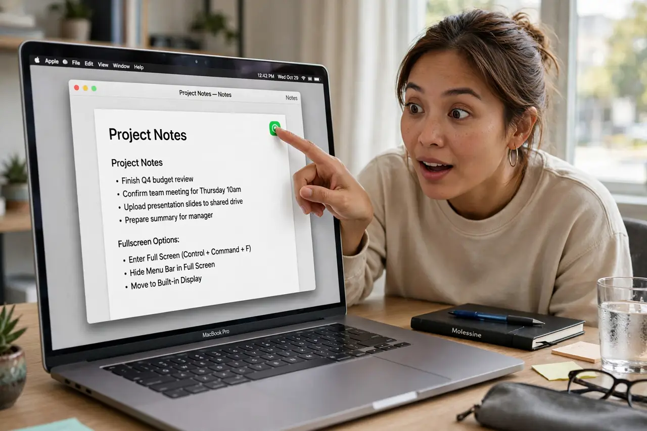 A person clicking the green traffic-light button on a real Mac window with the fullscreen options legible on screen,