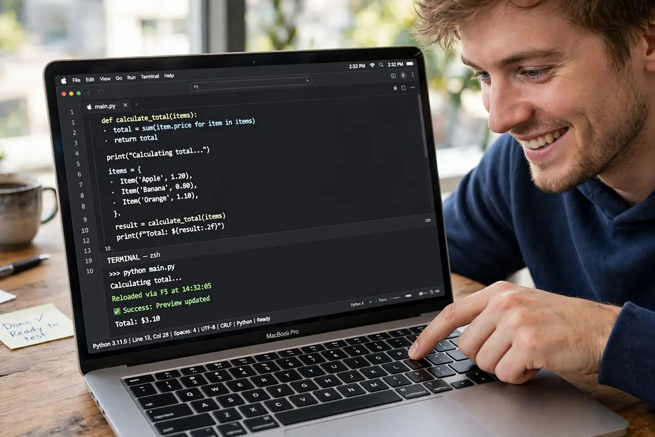 A person pressing F5 on a real MacBook keyboard in a code editor, the screen showing the expected function-key action fully legible, the person's face satisfied.
