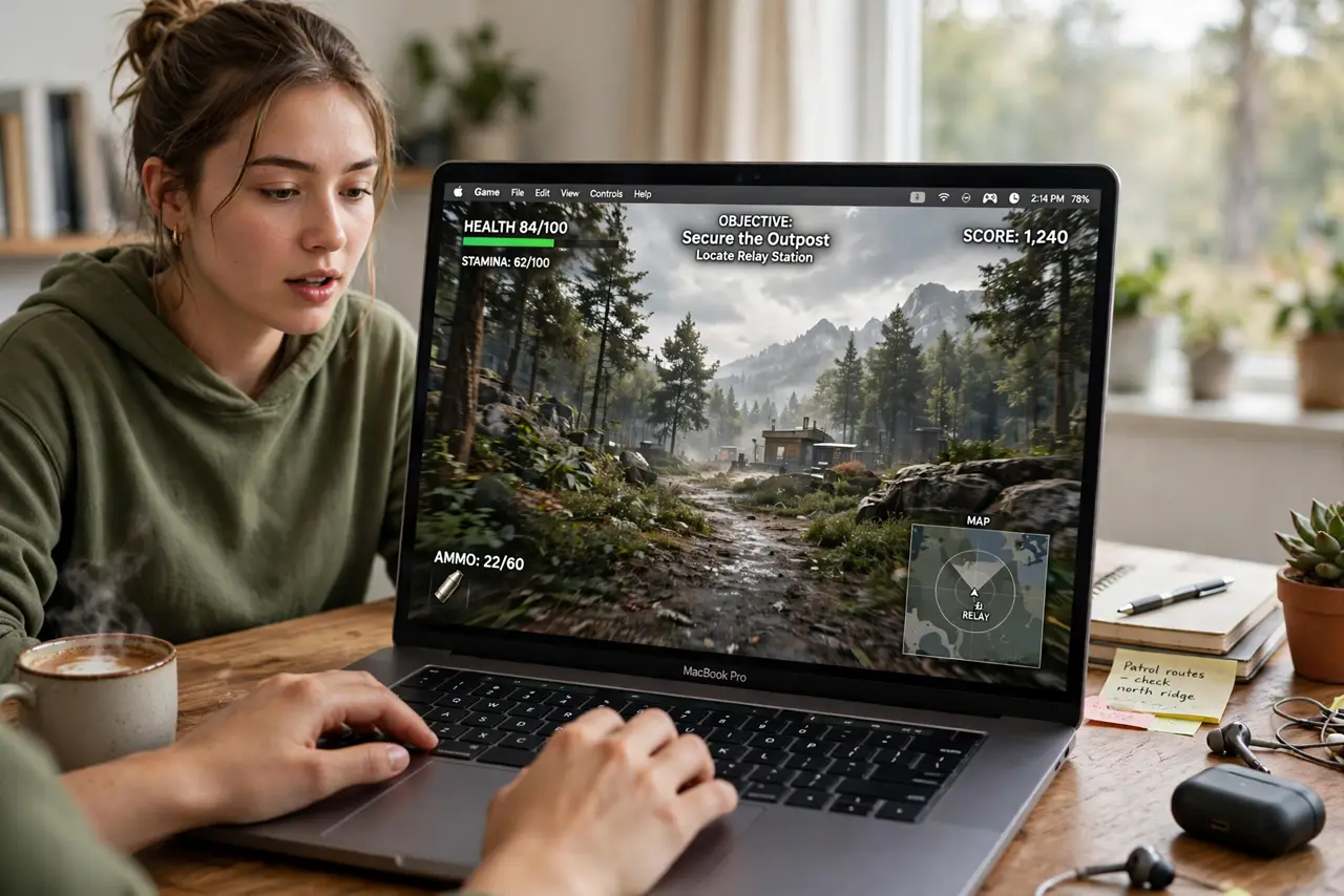 a person playing a real game on a MacBook, the screen showing a game with legible HUD elements, a game controller icon visible in the menu bar, the person's face engaged, desk setu.