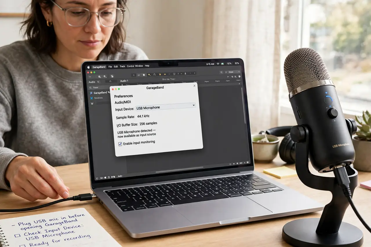 A person performing the first step of the guide: Plug in a real microphone. The built-in mic works in a pinch, but a basic USB mic is the single biggest.