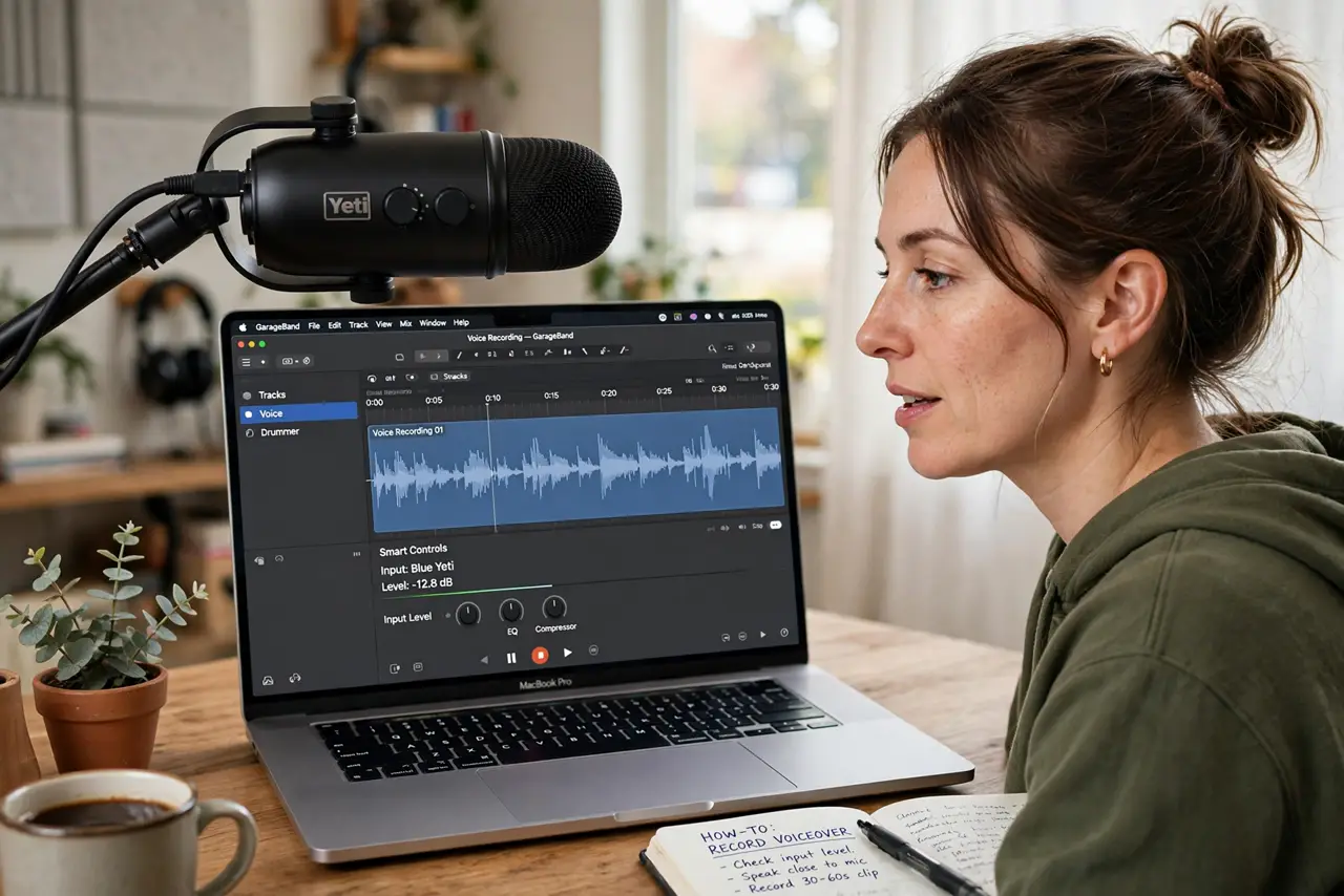 A person speaking into a real USB microphone connected to a real Mac showing GarageBand with a legible audio waveform, the person's face focused.