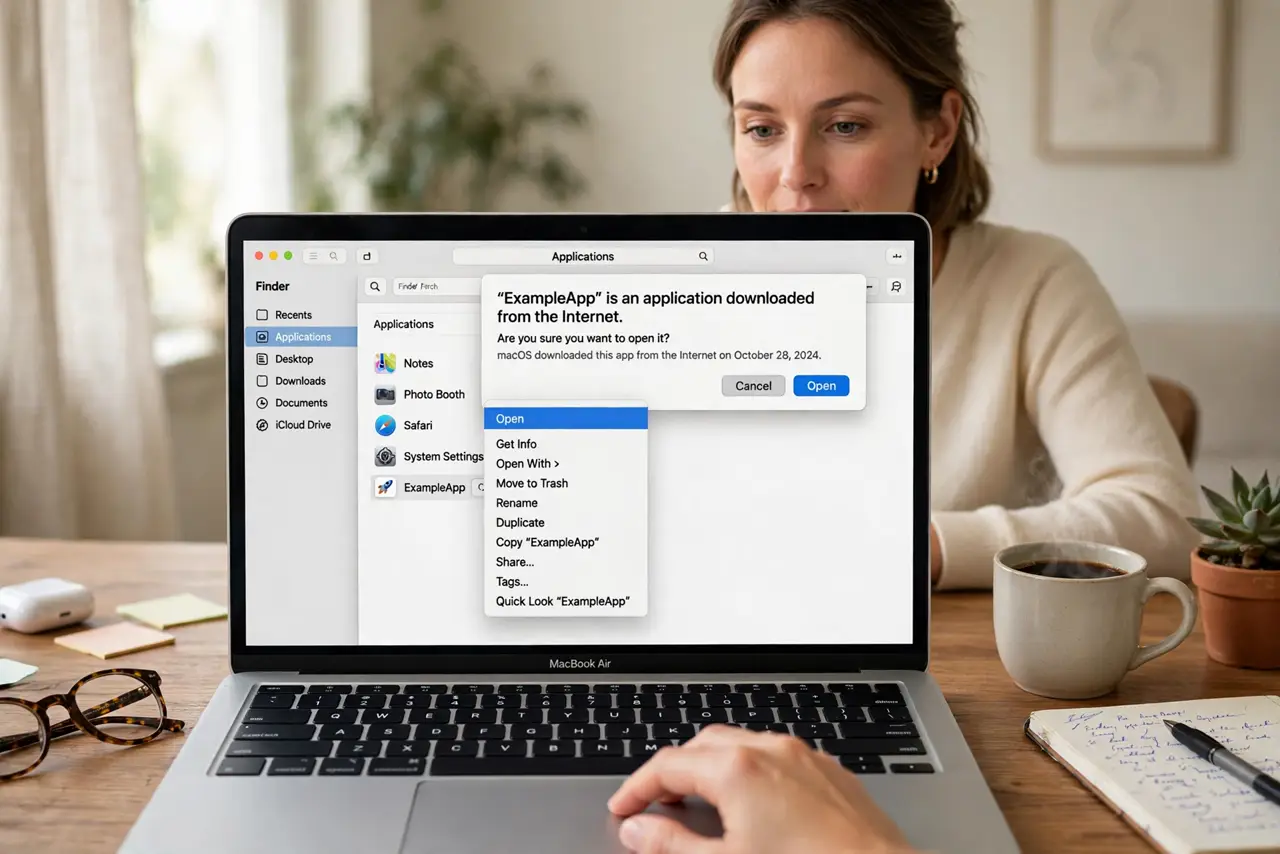 A person performing the first step: Try the right-click Open method. In Finder, right-click (or Control-click) the app.