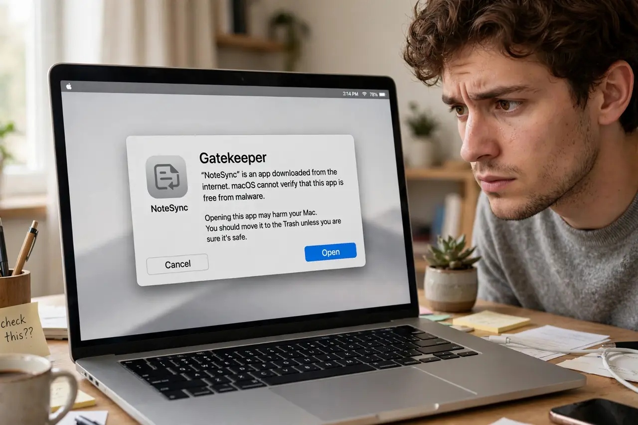 A person looking at a MacBook screen showing a Gatekeeper warning dialog with legible text over an app icon, the