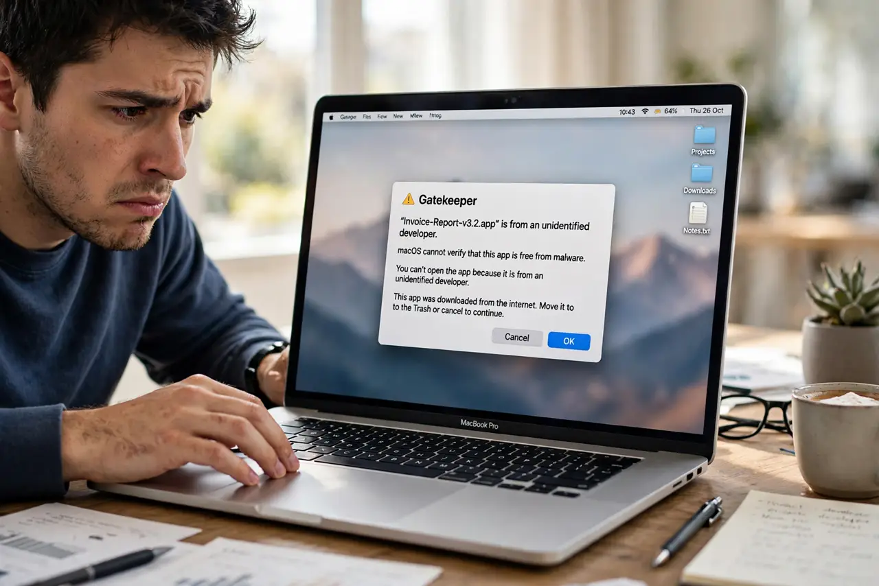 a person at a real MacBook with a Gatekeeper warning dialog visible and legible on screen, the person's hand on the trackpad, face calm and curious.