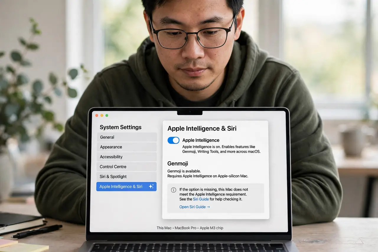 A person performing the first step of the guide: Check Apple Intelligence is on.