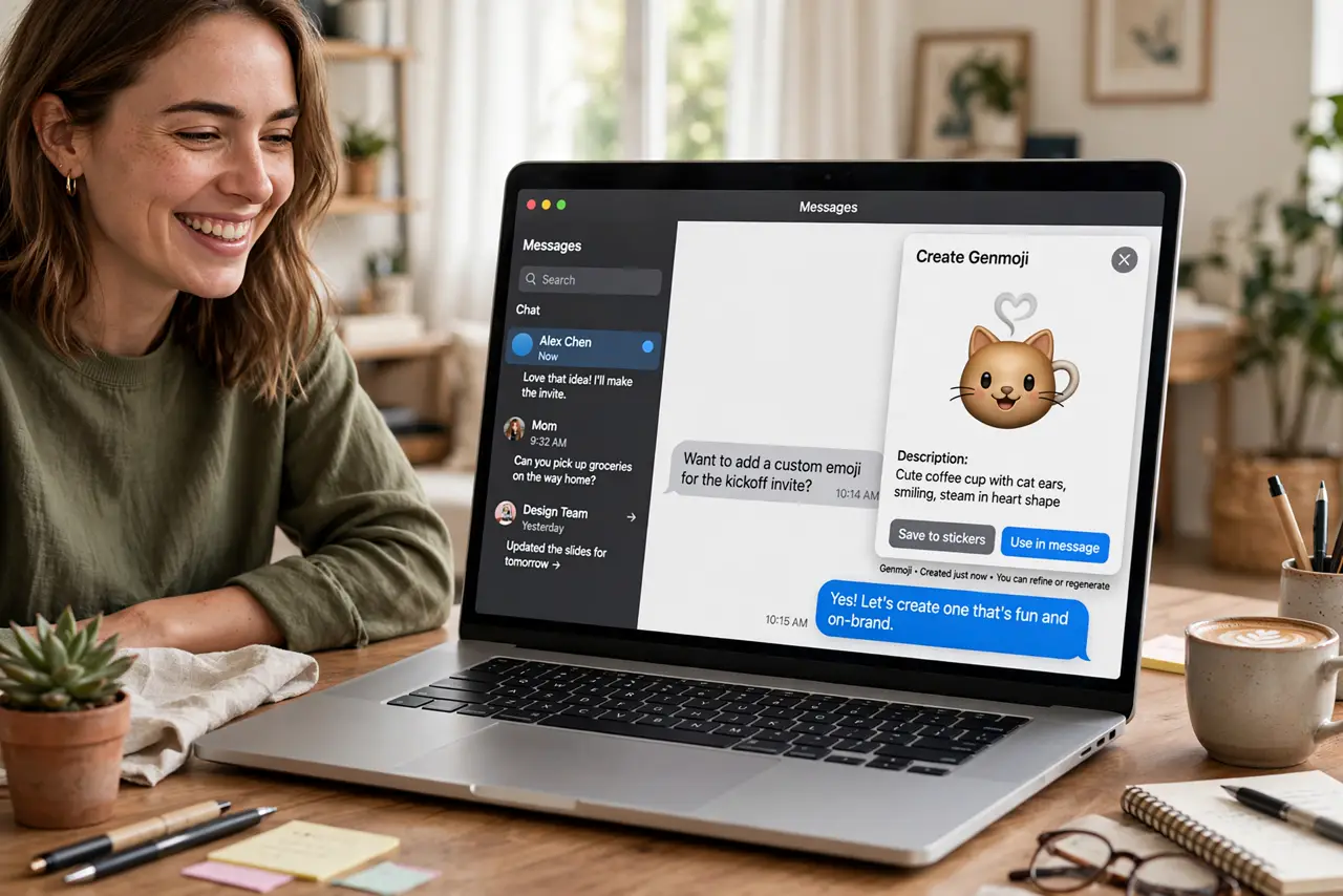 a person using a real MacBook with Messages open, the Genmoji creation panel showing a custom generated emoji with legible detail, the person's face amused, bright home office.