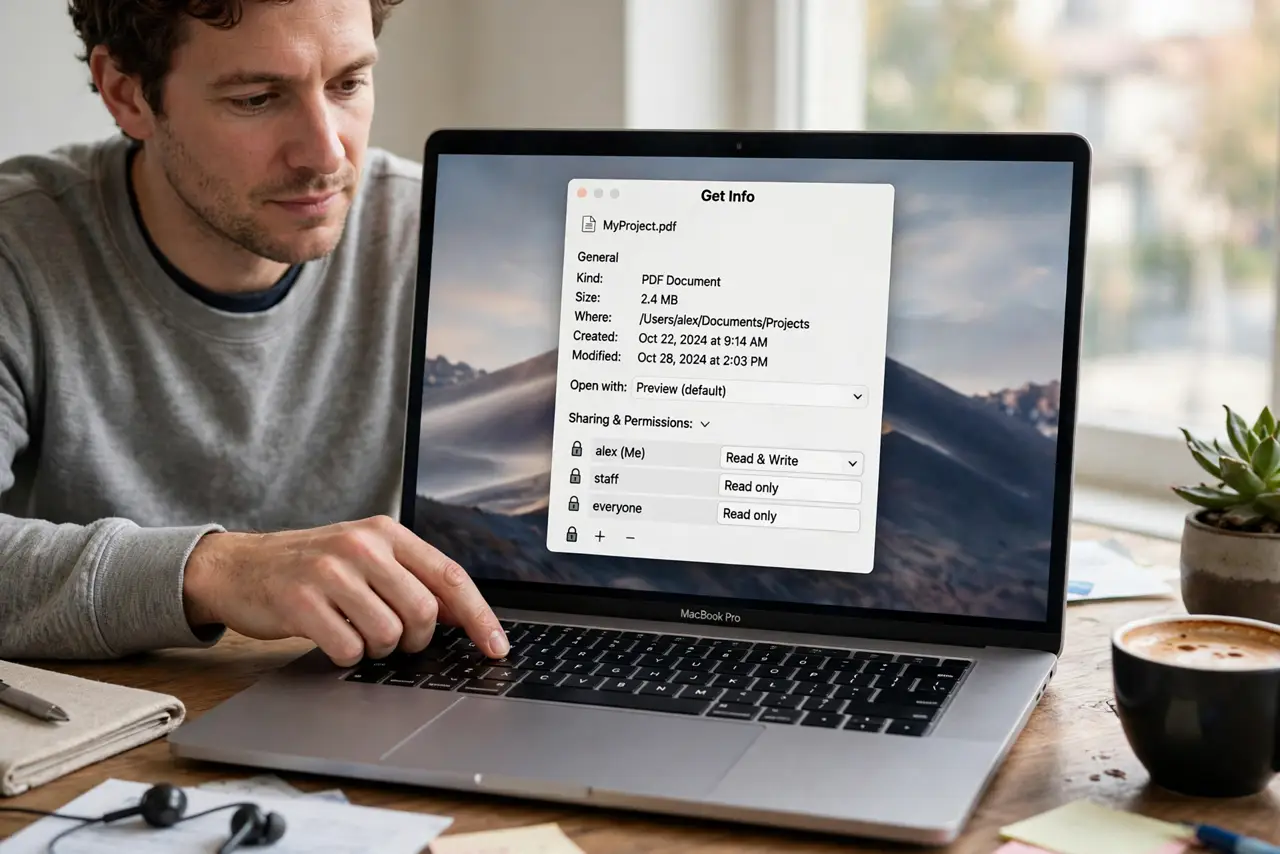A person performing the first step: Open Get Info and scroll down. Cmd+I on the file or folder, then expand 'Sharing &.