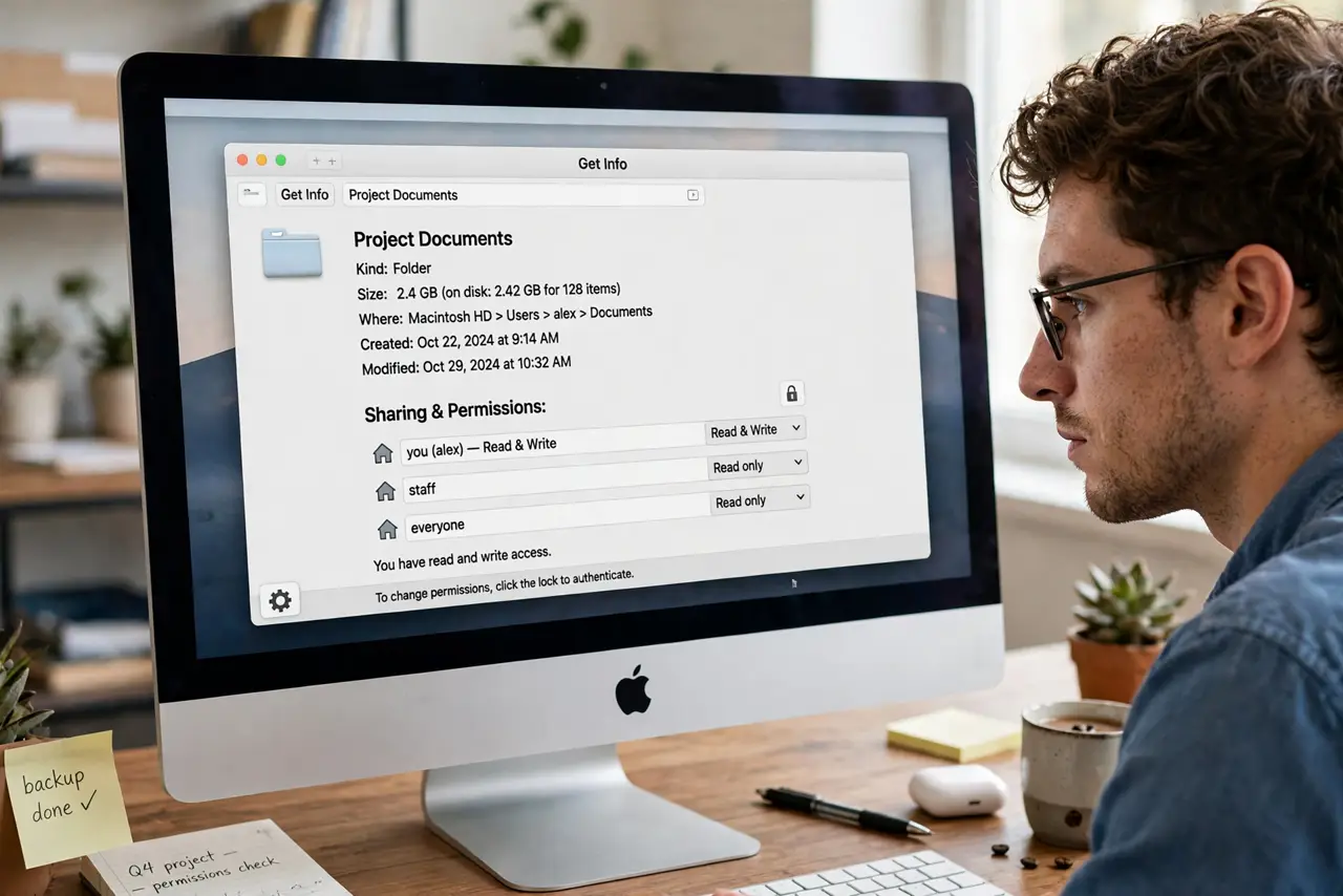 A person examining the Sharing & Permissions section in a Get Info window on a real Mac with legible privilege text,
