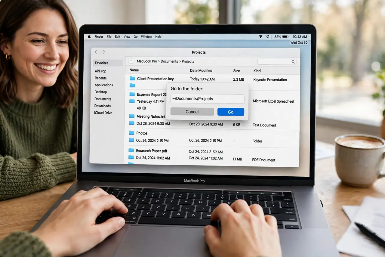a person using a real Mac with a small Go to Folder dialog open over a Finder window showing legible path text, the person's fingers on the keyboard, face pleased. No black screen,.