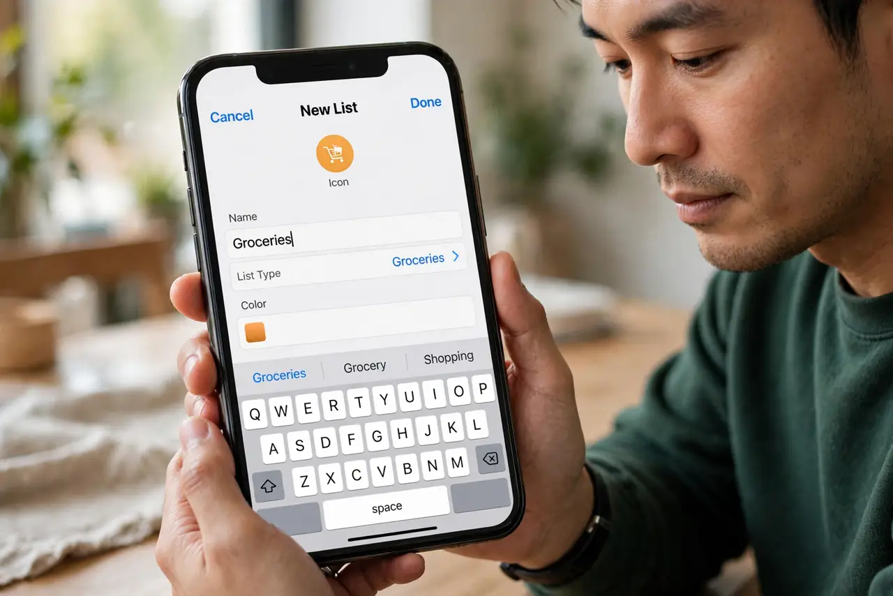 A person performing the guide's first step: Create a new list in Reminders. Open Reminders on iPhone or Mac, tap Add List, and give it a name like Groceries. This is the foundation —…