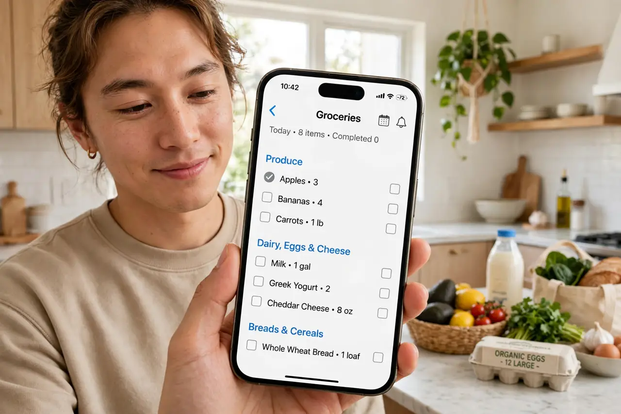 A person in a bright kitchen holding a real iPhone showing the Reminders app with a grocery list auto-sorted into legible sections like Produce and Dairy, the person's face satisfied, groceries on….