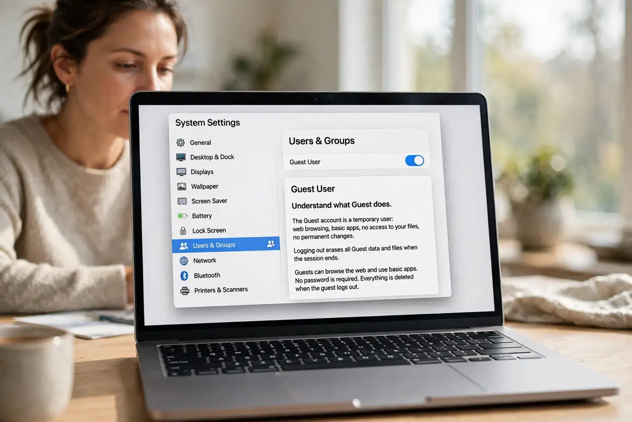 A person performing step 1: Understand what Guest does. The Guest account is a temporary user: web browsing, basic apps, no access to your.