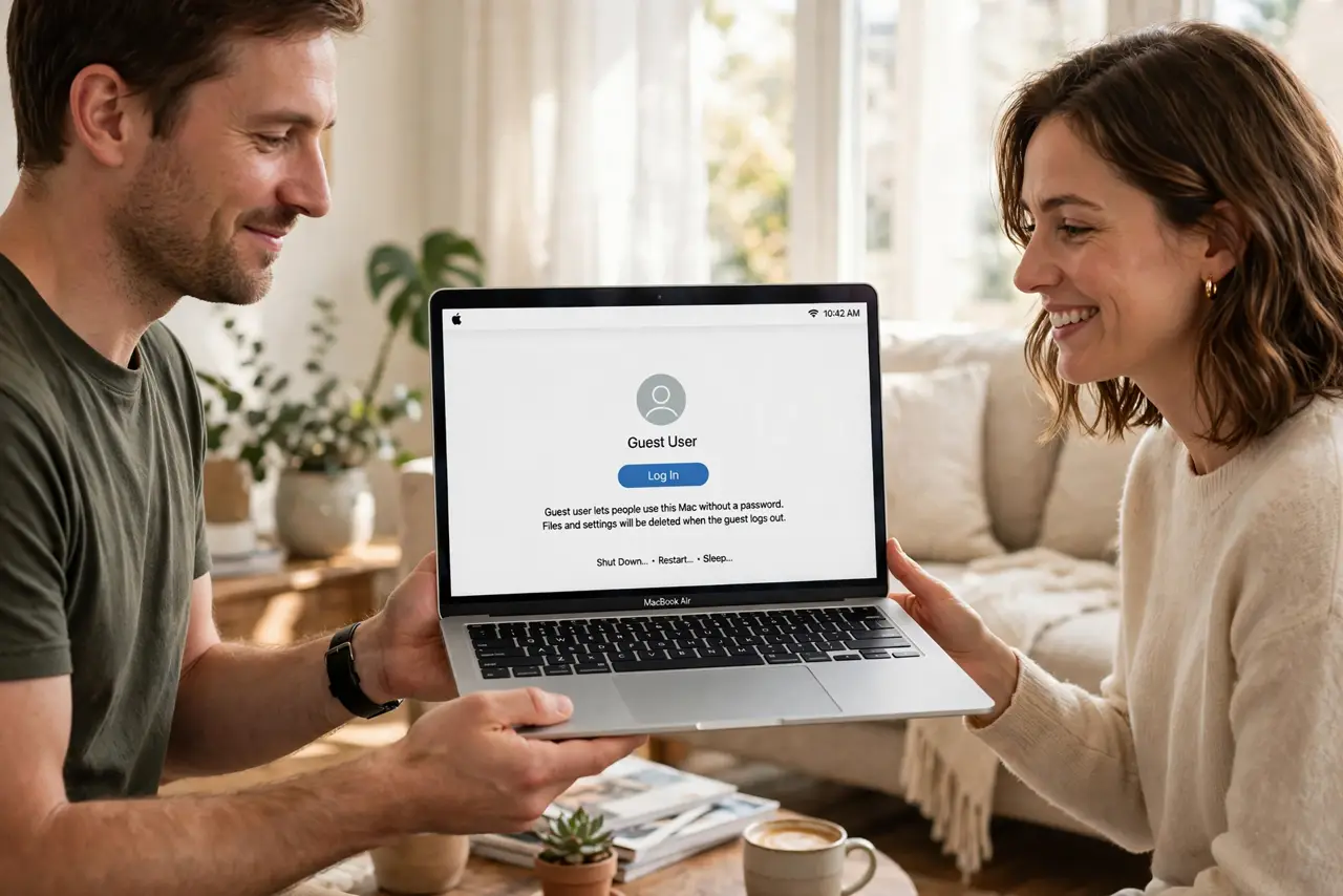 A person handing a real MacBook to a friend, the screen showing a legible guest login screen, both people relaxed and smiling, bright living room.