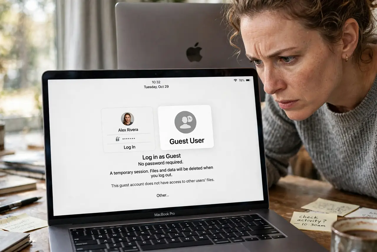 A Guest User Appeared on Your Login Screen — a suspicious adult looking at a Mac login screen showing an unexpected Guest User icon with fully legible text