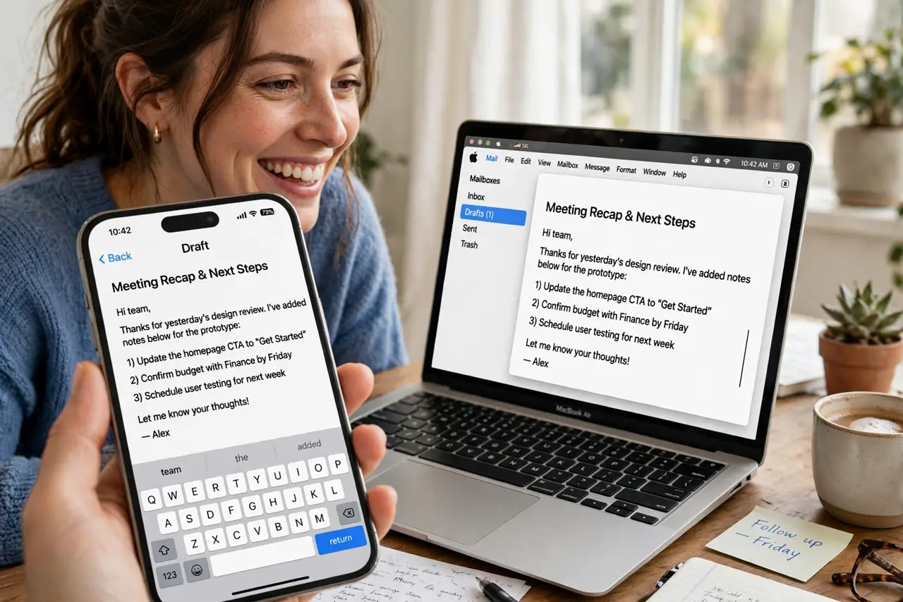 A person continuing a real email from a real iPhone onto a real MacBook, both screens showing the same draft legible, the person's face delighted, desk.