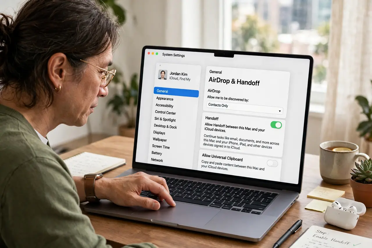A person performing step 1 of the guide: Enable Handoff on the Mac. Go to System Settings > General > AirDrop & Handoff and turn on 'Allow Handoff between this Mac and your iClou...