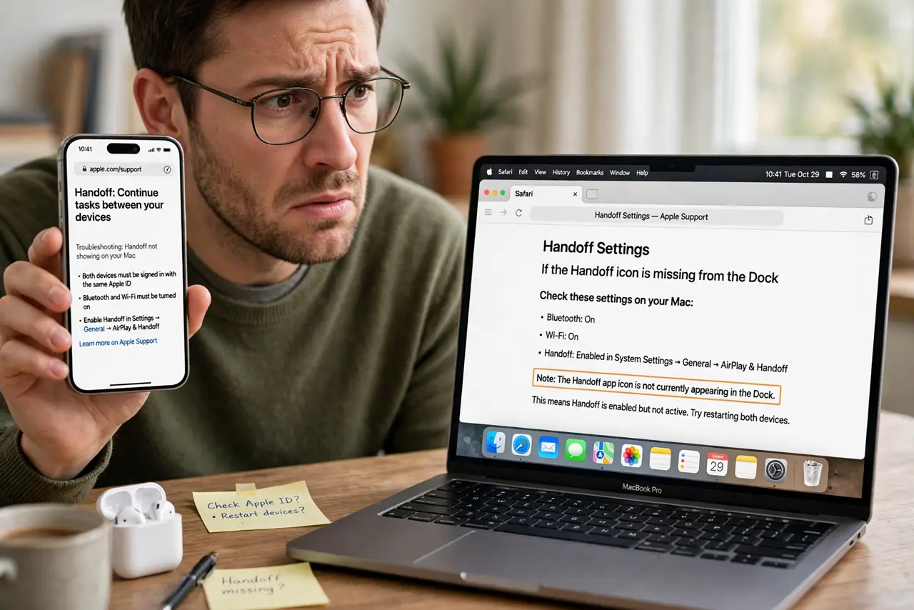 a puzzled adult holding a real iPhone showing a Safari page, looking at a real Mac Dock where the Handoff icon is missing, both screens fully legible.