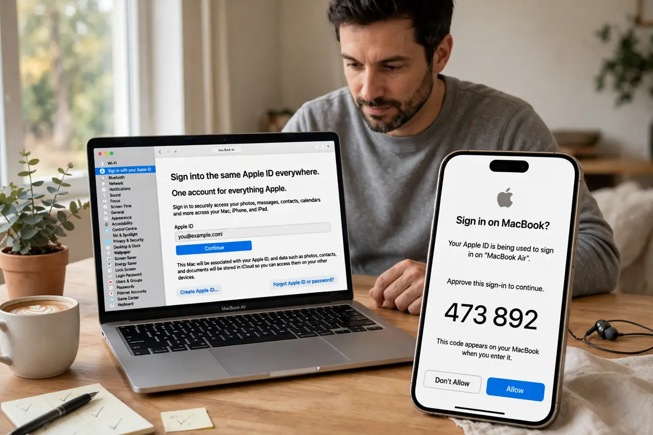 A person calmly performing the guide's first step: Sign into the same Apple ID everywhere.