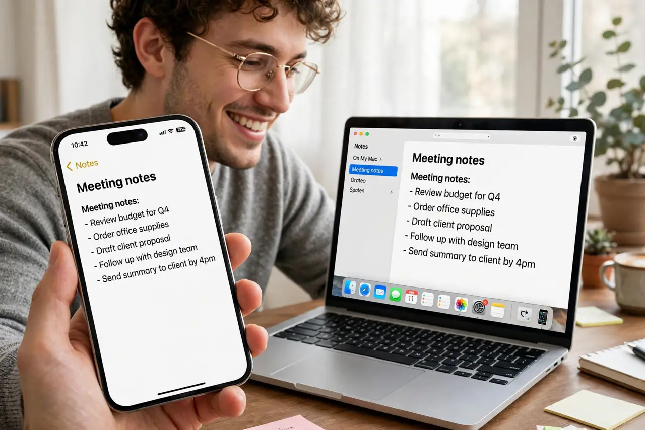 a person copying text on a real iPhone with the Handoff icon visible on a real Mac dock, both screens legible, the person's face pleased, bright desk. No black screen, no blank whi.