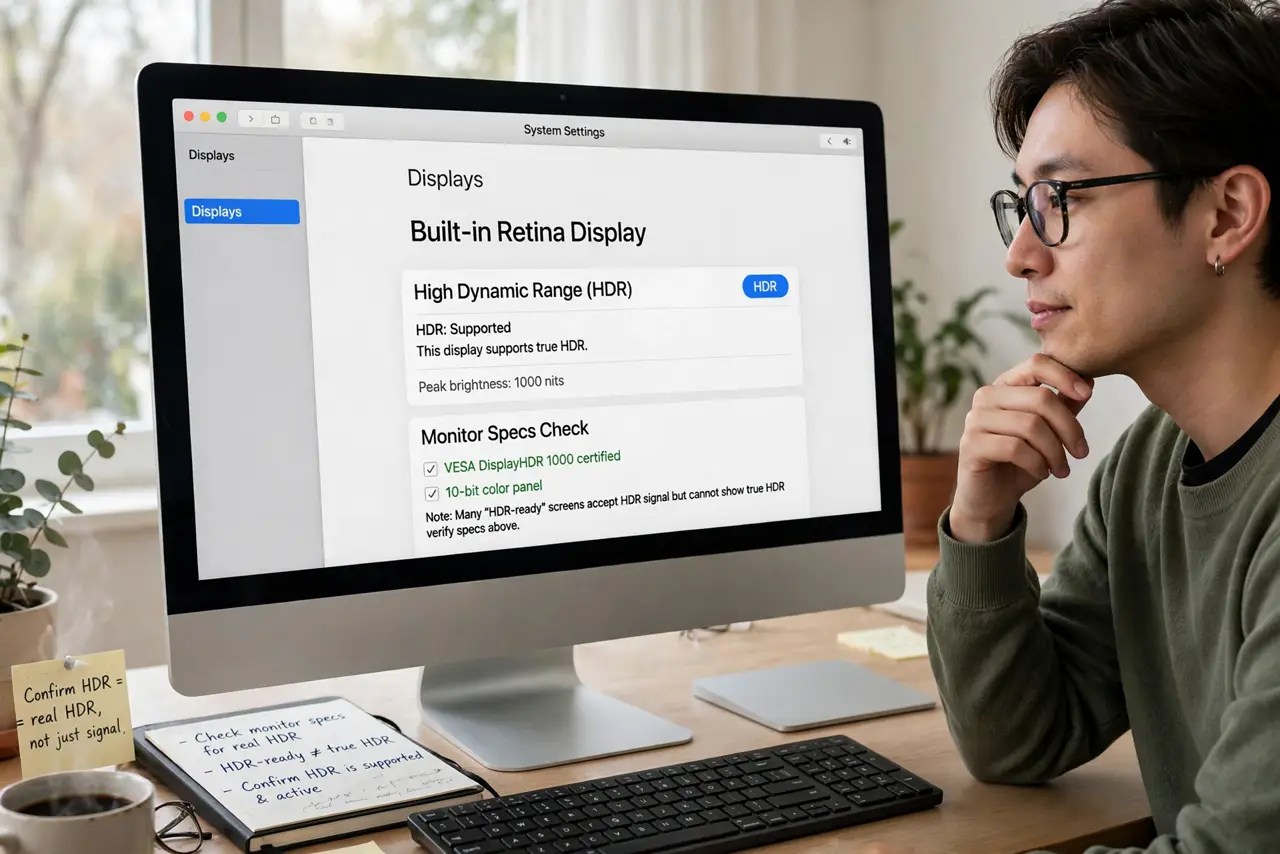 A person performing step 1: Confirm the display actually supports HDR. Check the monitor's specs for real HDR — many 'HDR-ready' screens a.