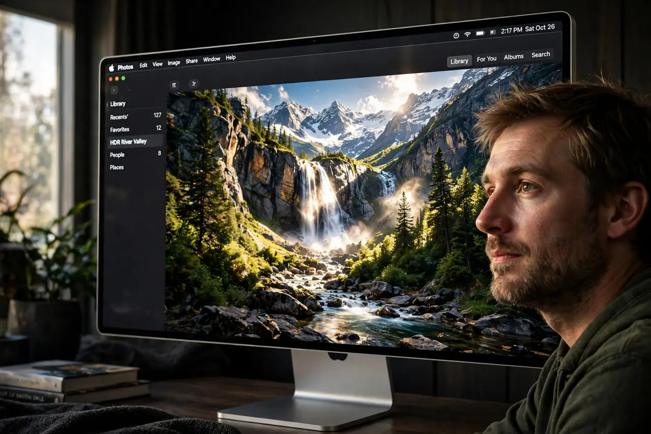A person watching a real Mac external display showing a vivid HDR nature scene with bright highlights and legible on-screen menu, the person's face impressed by the contrast,.