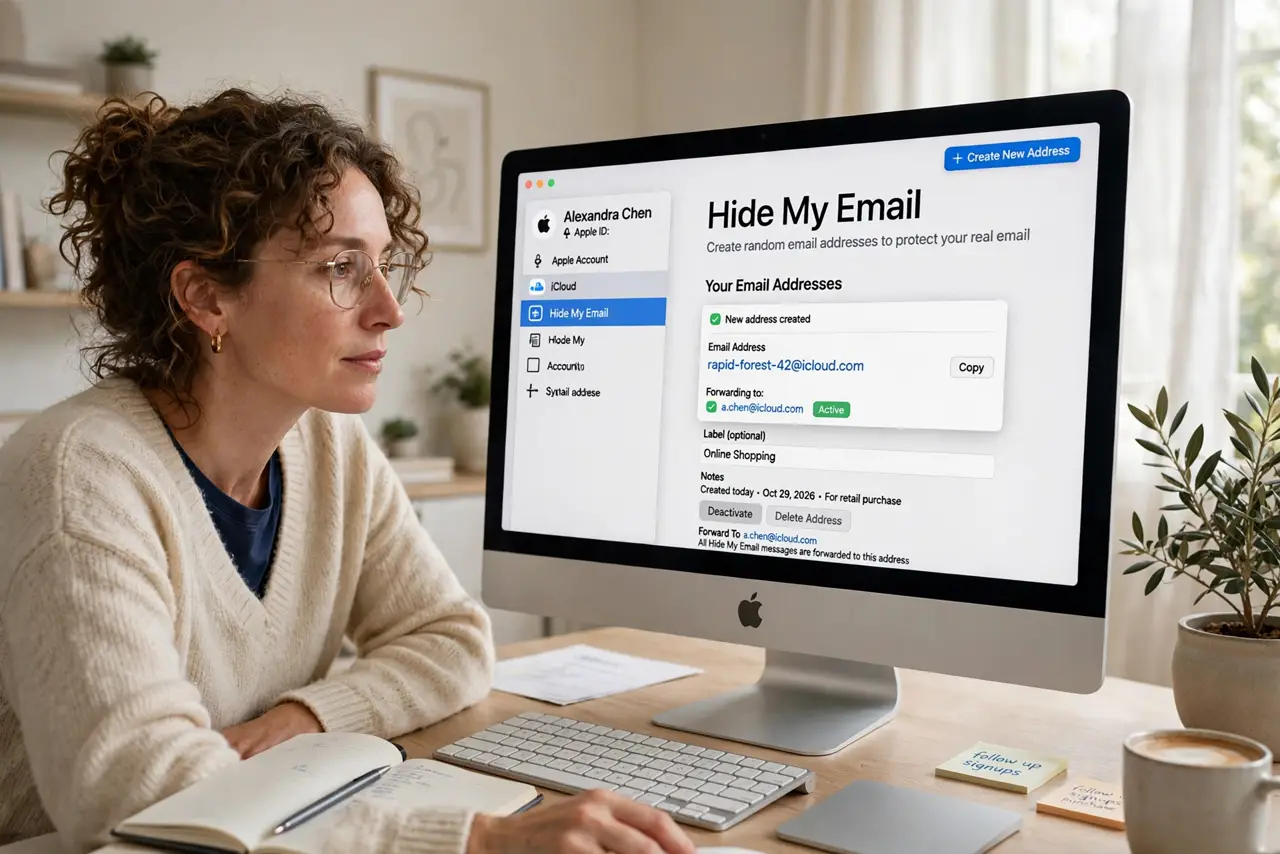 a person generating a random email alias in real Apple settings with legible Hide My Email screen, the person's face savvy, home office.