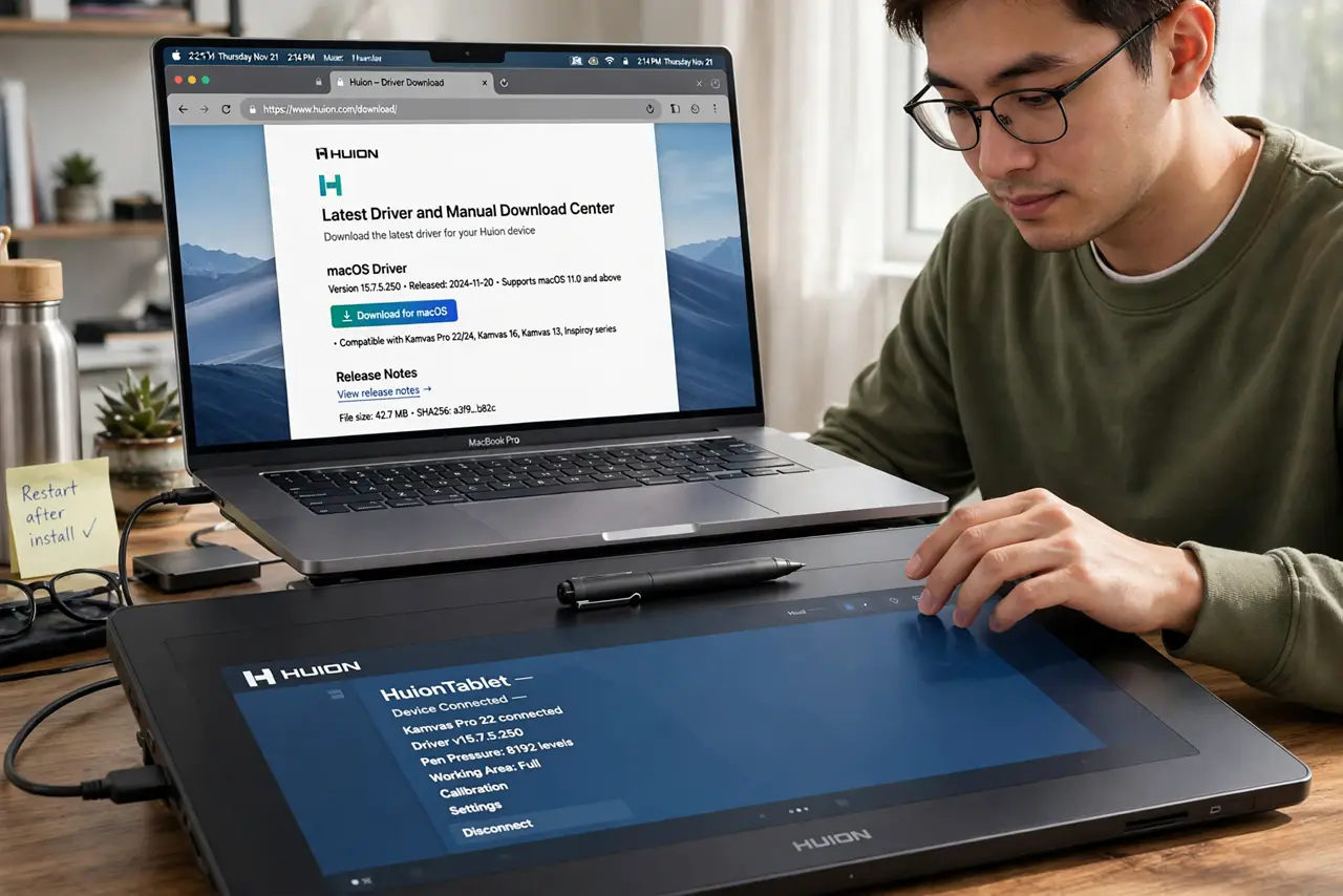 Photoreal photo of a person performing the first step: Install the newest driver from Huion's site. Download the driver for your exact model — not ...