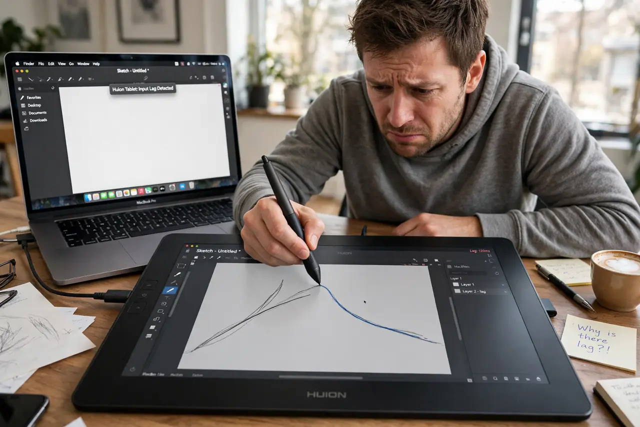 Photoreal photo: a person drawing on a real Huion tablet connected to a real Mac, the pen mid-stroke with the screen showing a lagging line, the person's face frustrated then focused, desk. No black screen, no blan...