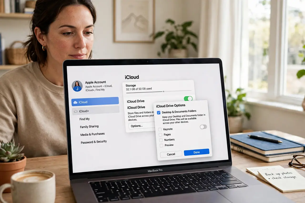 A person performing the first step: Find the toggle. System Settings > Apple ID > iCloud > iCloud Drive > Options, and.