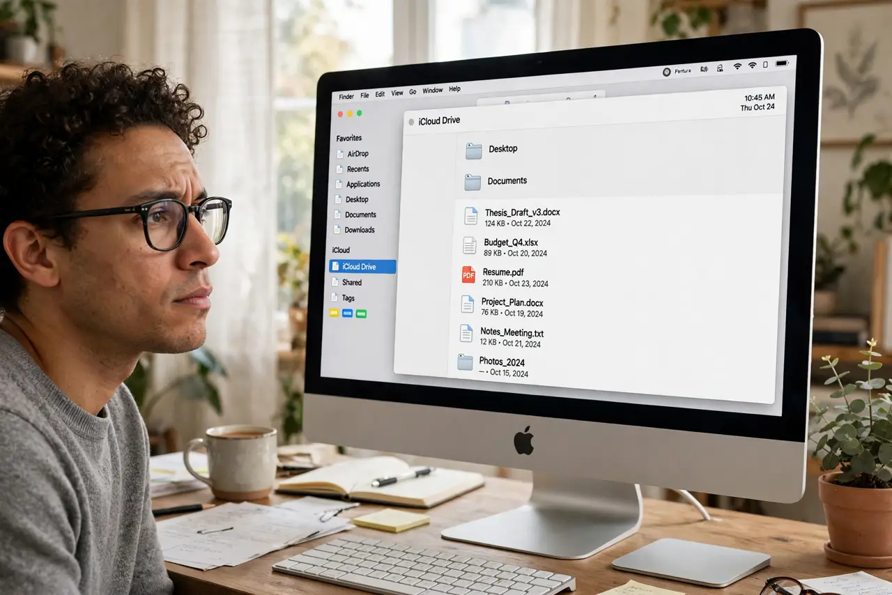 A person looking at Finder on a real Mac showing iCloud Drive with Desktop and Documents folders and legible file
