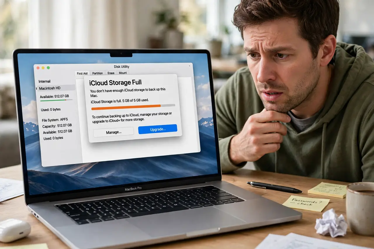 'Not Enough Storage' for iCloud Photos — a confused adult looking at an iCloud storage full warning on a MacBook with fully legible text, the person co