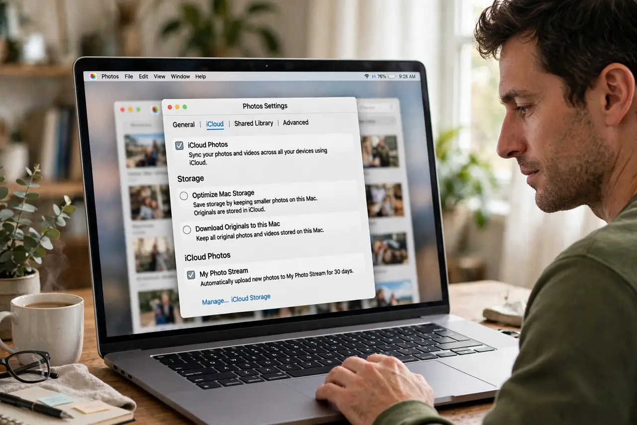A person performing the first step: Open Photos settings. In the Photos app, open Settings and go to the iCloud tab.