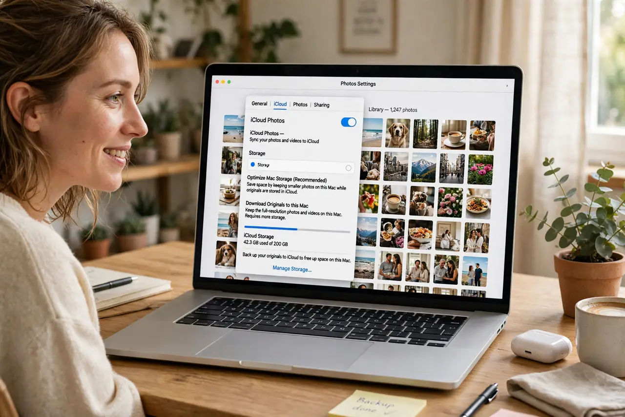 A person looking at a MacBook screen showing Photos settings with storage options legible, a photo library visible with