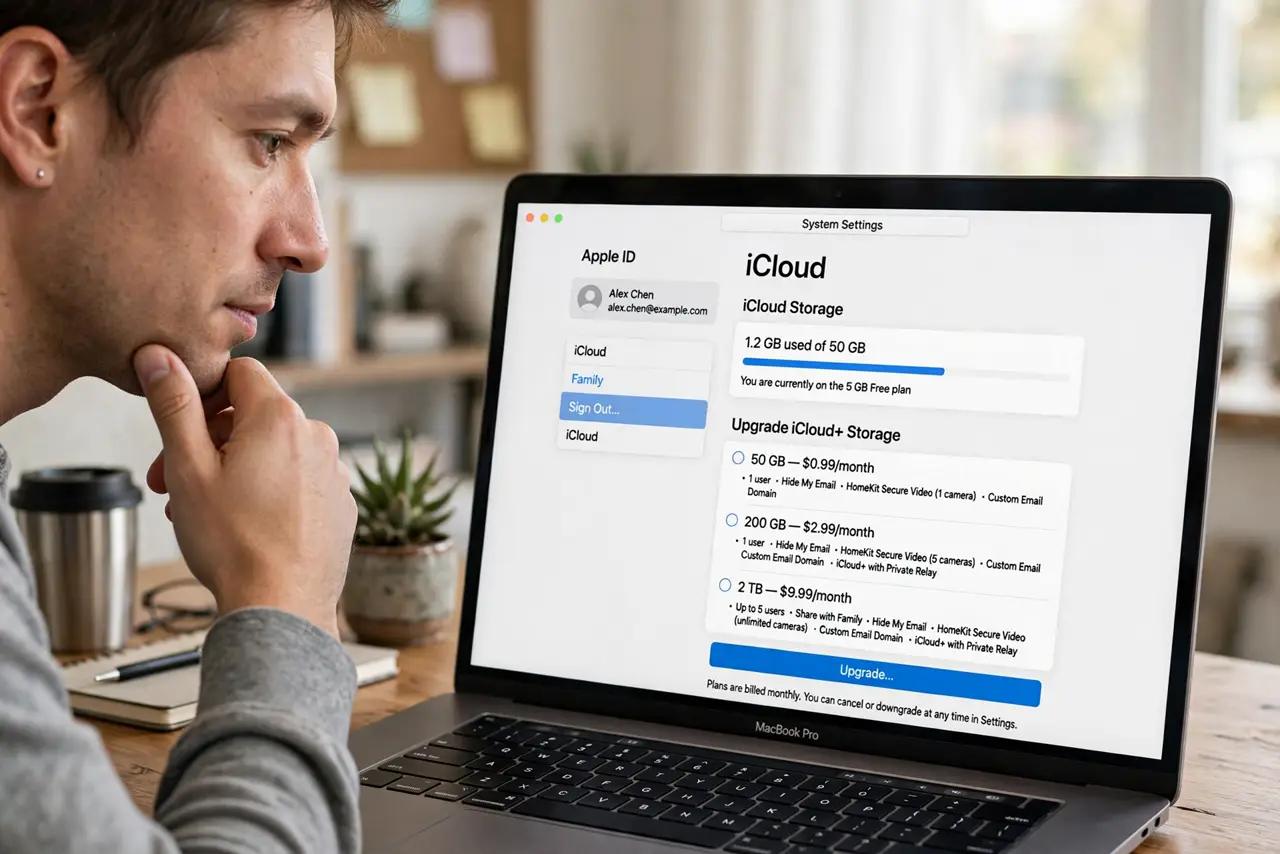 a person comparing iCloud storage plans on a real Mac settings screen with legible plan tiers, the person's face weighing the cost, home office.