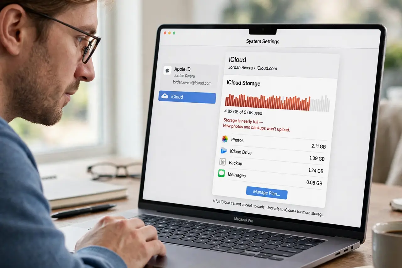 A person performing step 1 of the guide: Check iCloud storage space. Go to System Settings > Apple ID > iCloud and check the storage bar. A full iCloud cannot accept uploads, and...