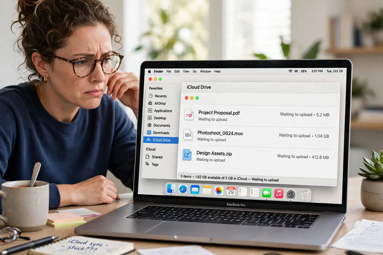 a frustrated adult looking at a real Mac Finder window showing iCloud Drive files stuck on 'waiting to upload' with fully legible text.