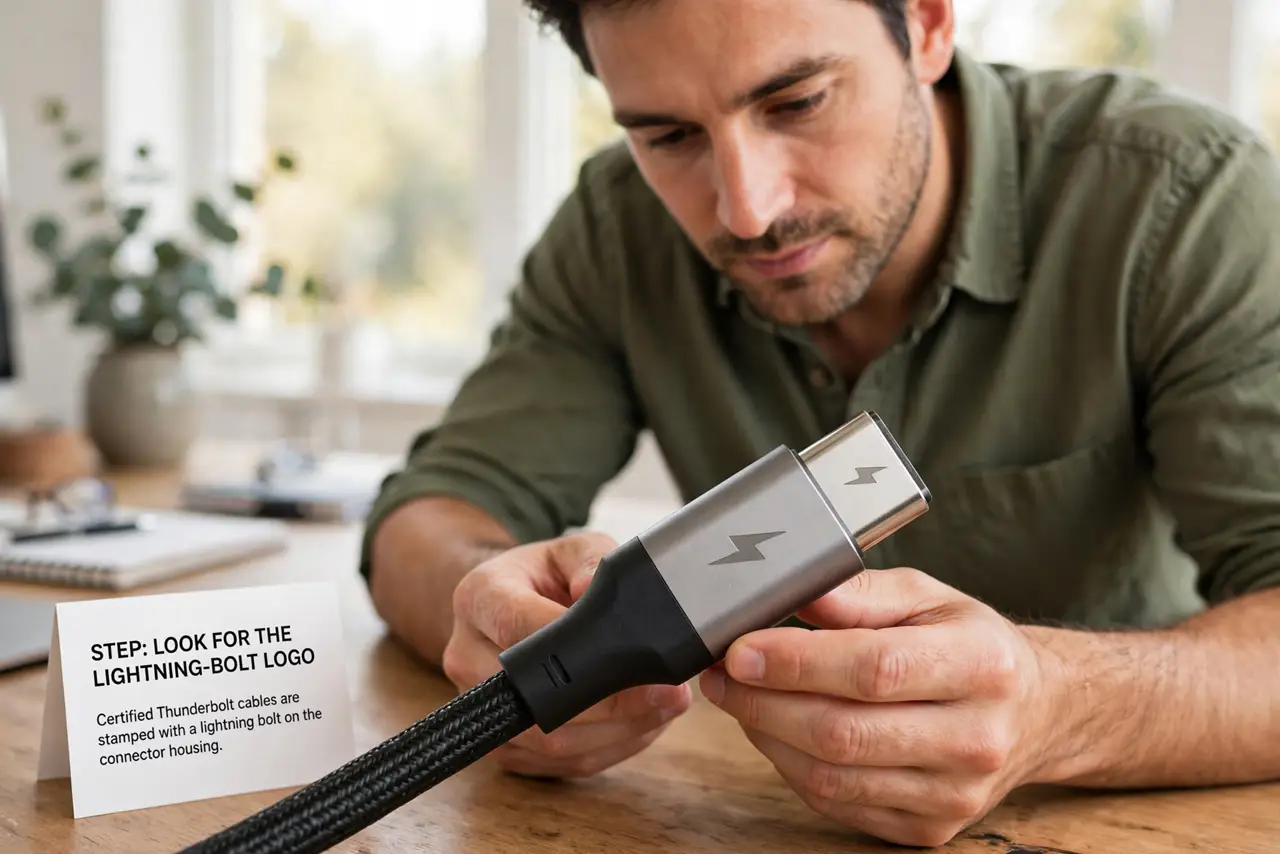 A person performing step 1: Look for the lightning-bolt logo. Certified Thunderbolt cables stamp a small lightning bolt on the connector h.